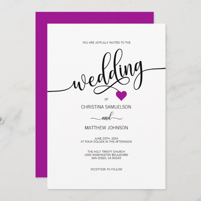 Modern Simple Black, White Purple Heart Wedding Invitation (Front/Back)