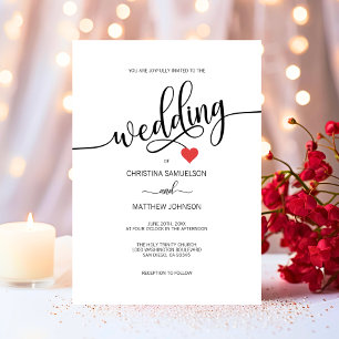 Modern Simple Black, White Red Heart Wedding Invitation