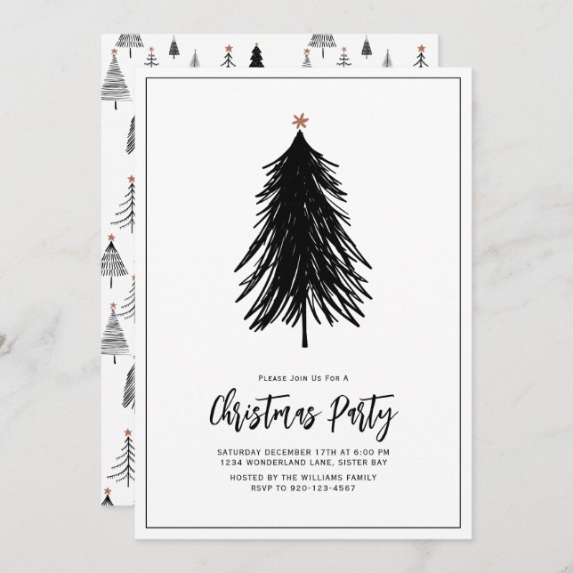 Modern Simple Black White Tree Holiday Party  Invitation (Front/Back)