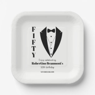 Modern Simple Black White Tuxedo 50th Birthday  Paper Plate