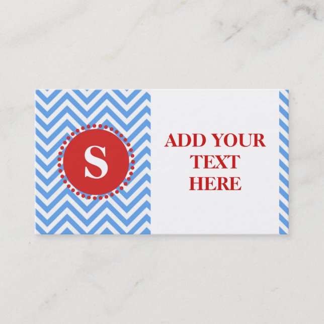 Modern Simple Blue Chevron Pattern Monogram Business Card (Front)