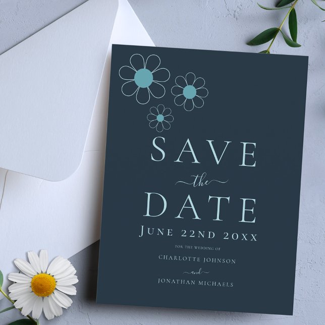 Modern Simple Blue Daisy Wedding Invitation Postcard (Minimalist daisy stylish navy blue wedding save the date invitation )