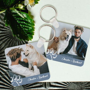 Modern Simple Blue Dog Lover Pet Photo Paw Print Key Ring