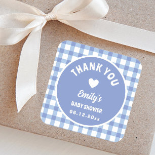 Modern Simple Blue Gingham Baby Shower Thank You Square Sticker