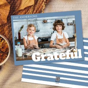 Modern Simple Blue Grateful Photo Thanksgiving Holiday Card
