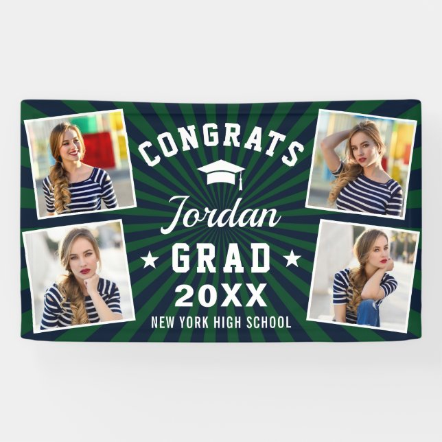Modern Simple Blue Green Graduation Party 4 PHOTO Banner (Horizontal)