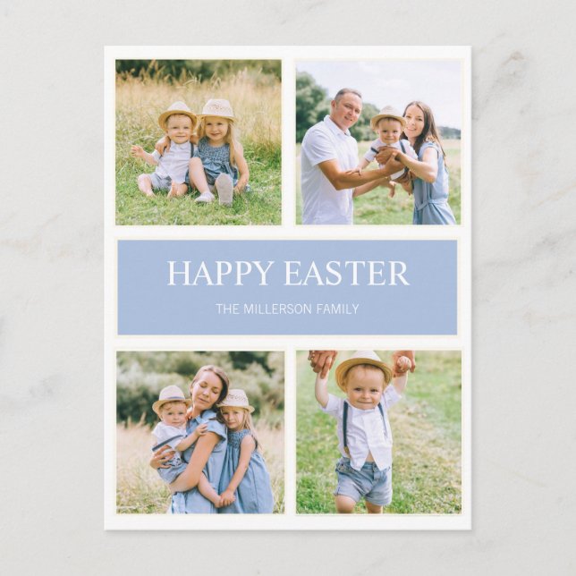 Modern Simple Blue Happy Easter 4 Family Photo    Postcard (Front)