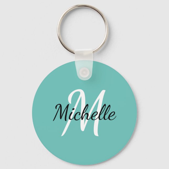 Modern Simple Blue Monogram Name + Initial Key Ring (Front)