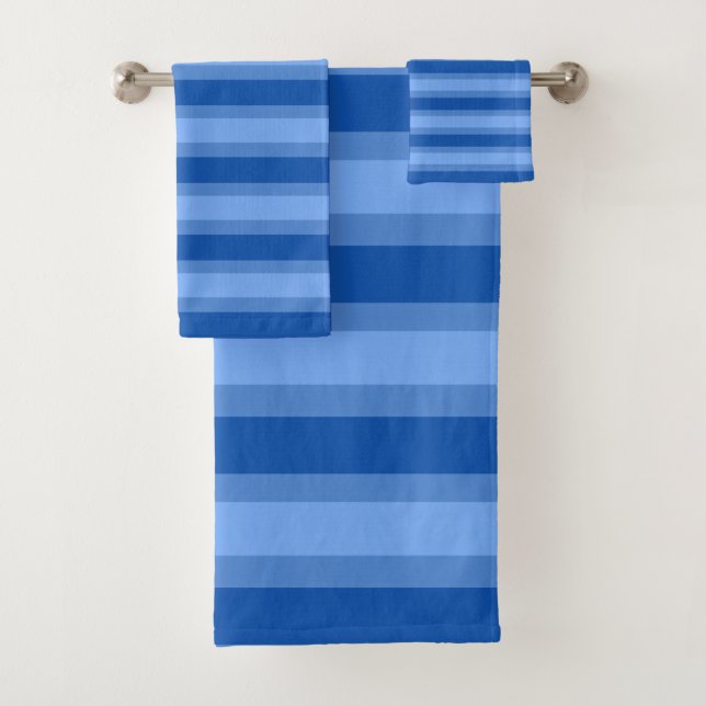 Modern Simple blue Navy Two Tone Stripe name Bath Towel Set (Insitu)