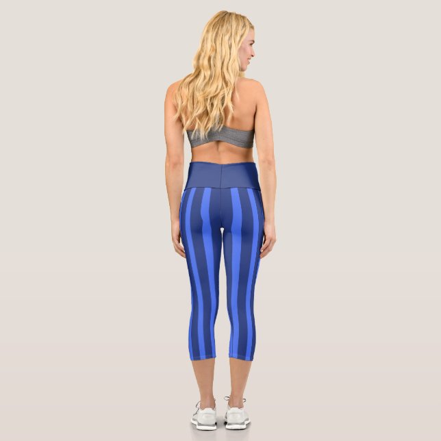 Modern Simple blue Navy Two Tone Stripe name Capri Leggings (Back)