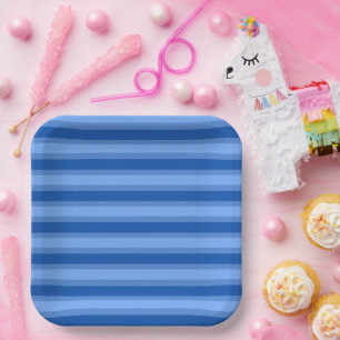 Modern Simple blue Navy Two Tone Stripe name Paper Plate