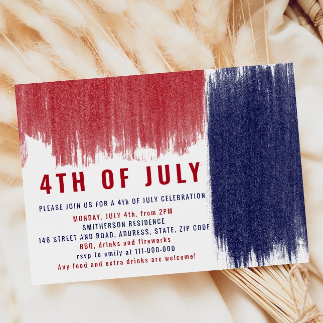Modern simple blue red brushstrokes 4th of July Invitation (Modern simple blue red brushstrokes 4th of July Invitation)
