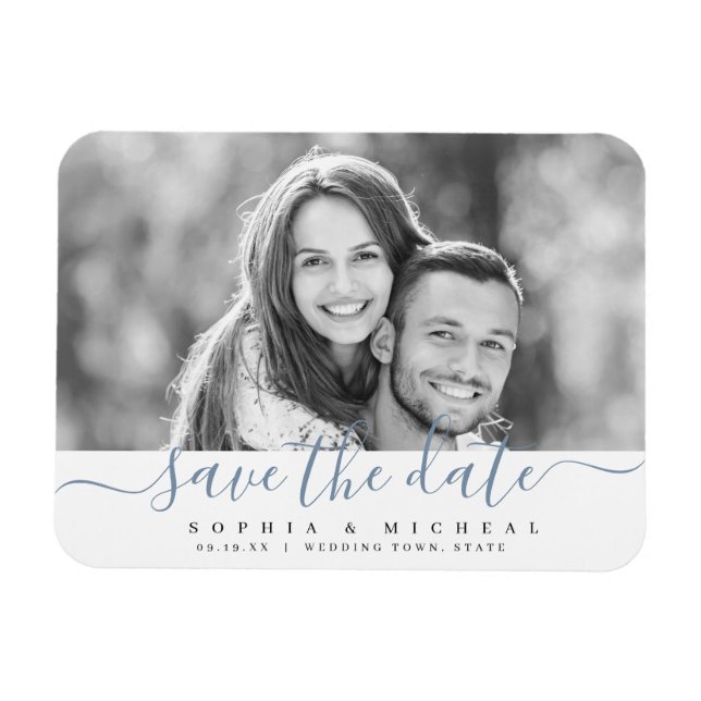 Modern simple blue script photo save the date magnet (Horizontal)