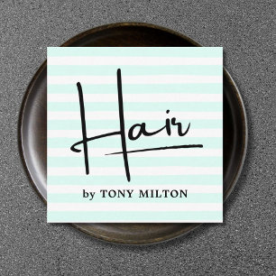 Modern Simple Blue White Stripes Bold Hairstylist Square Business Card