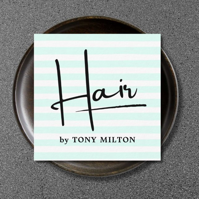 Modern Simple Blue White Stripes Bold Hairstylist Square Business Card (Creator Uploaded)
