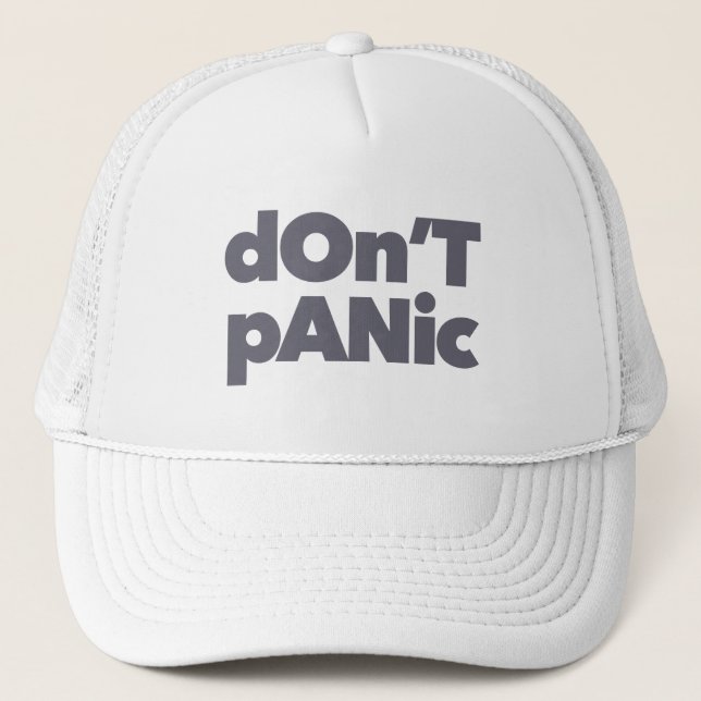 Modern, simple, bold cool graphic of Don't Panic Trucker Hat (Front)