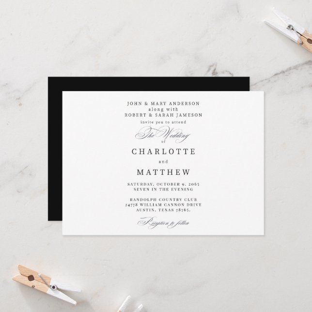 Modern Simple Both Parents Black & White Wedding  Invitation (Front/Back In Situ)