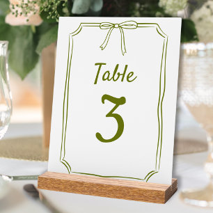 Modern Simple Bow Wedding Olive Green Table Number Acrylic Sign