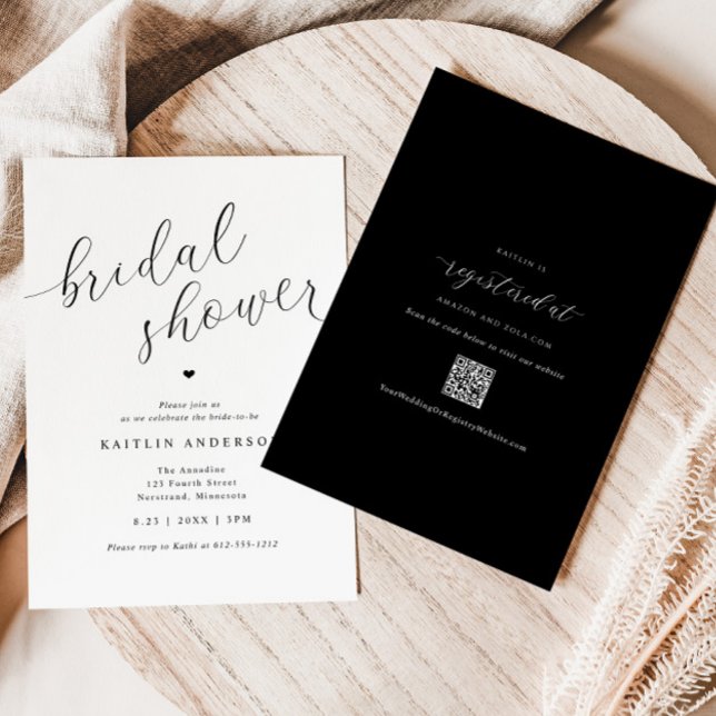 Modern Simple Bridal Shower Invitation (Modern Black and White Bridal Shower Invitations with QR Code Registry on Back - Swirly Script)