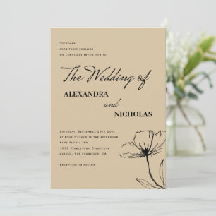 Modern Simple Brown Neutral Floral Wedding Invitation
