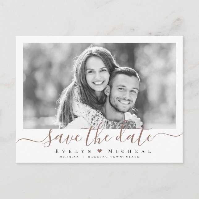 Modern simple brown script photo save the date postcard (Front)