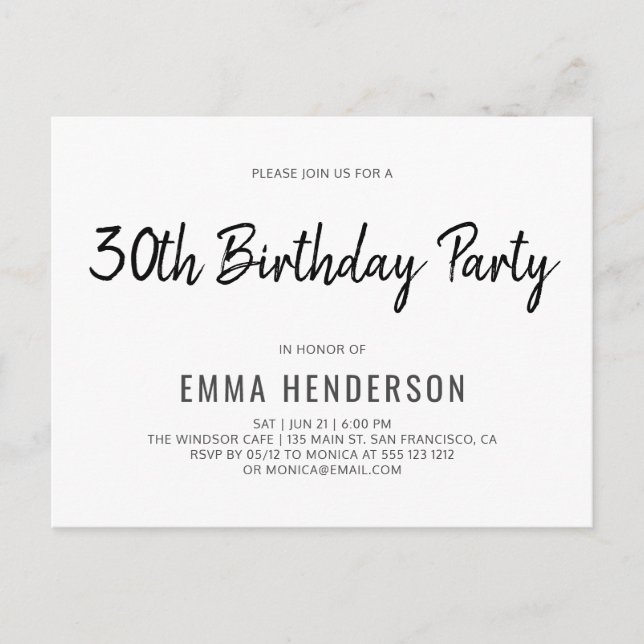 Modern Simple Brush 30th Birthday Party Invitation Postcard (Front)