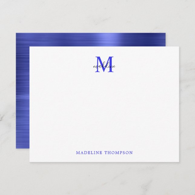 Modern Simple Brushed Metal Blue Monogram Card (Front/Back)