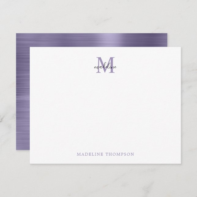 Modern Simple Brushed Metal Purple Monogram Card (Front/Back)