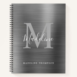 Modern Simple Brushed Metal Silver Grey Monogram Notebook