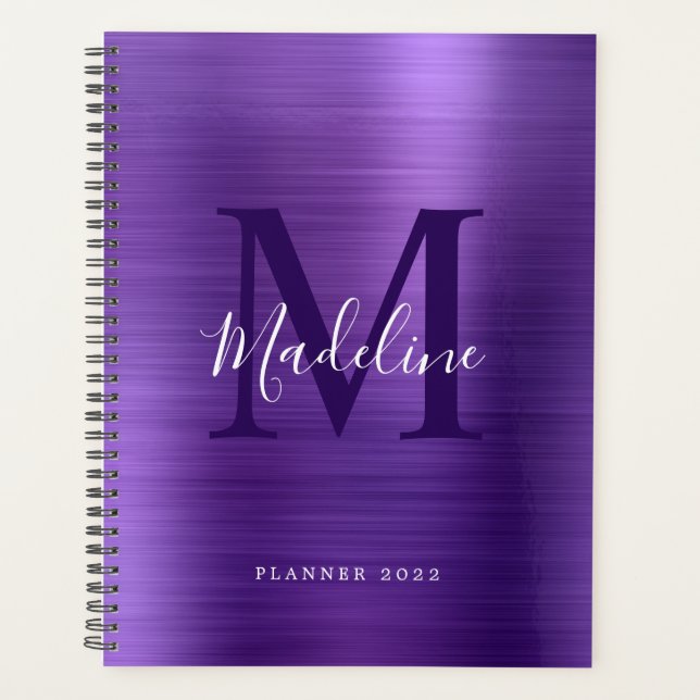 Modern Simple Brushed Metallic Purple Monogram Pla Planner (Front)