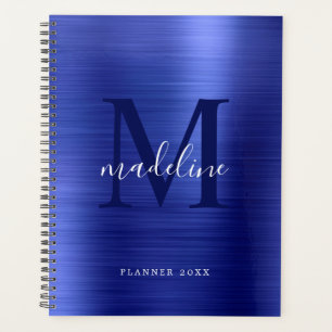 Modern Simple Brushed Metallic Royal Blue Monogram Planner