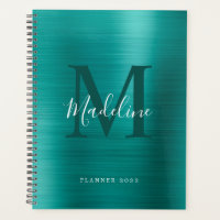 Modern Simple Brushed Metallic Teal Monogram