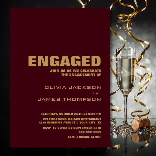 Modern Simple Burgundy and Gold Engagement Party Invitation