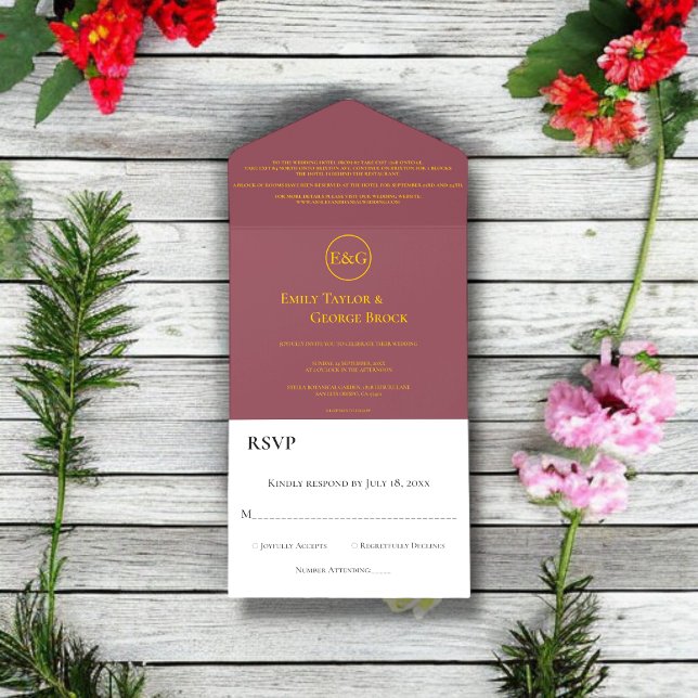 Modern Simple Burgundy Gold Monogram Chic Wedding All In One Invitation (Creator Uploaded)