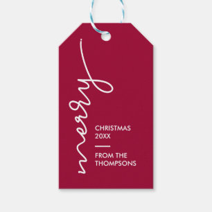 Modern Simple Burgundy red Merry Christmas Script Gift Tags