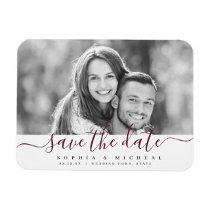 Modern simple burgundy script photo save the date magnet