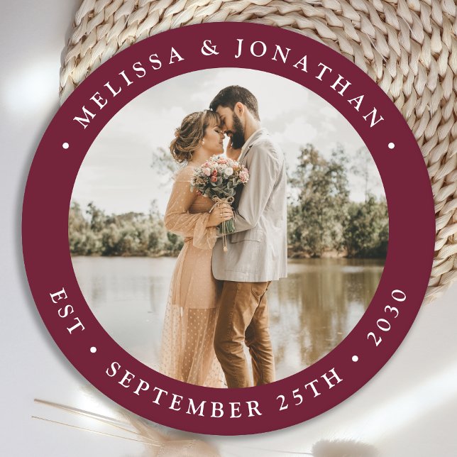 Modern Simple Burgundy Wine Photo Wedding Round Paper Coaster (Creator Uploaded)