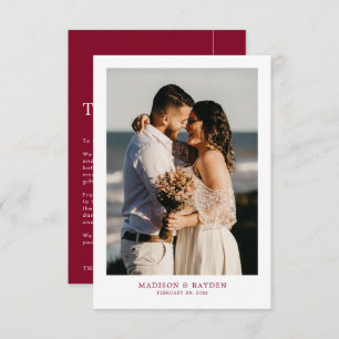 Modern Simple Burgundy with Photo Wedding Thank You Card