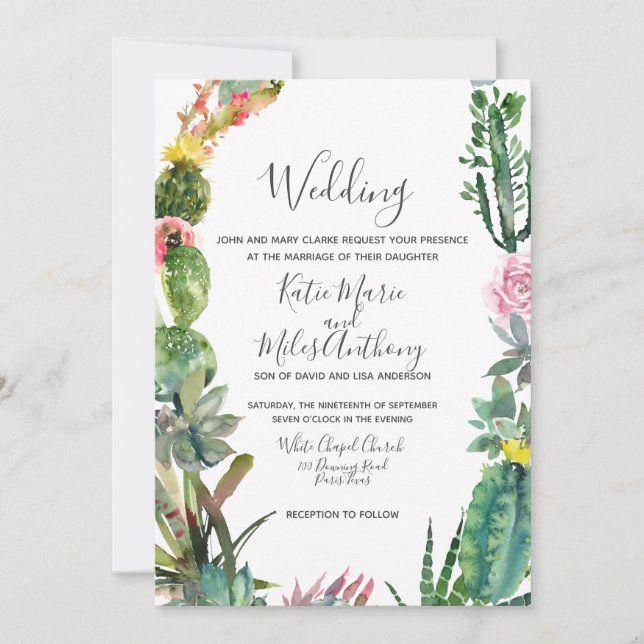 Modern Simple Cactus Succulent Wedding Invitation (Front)