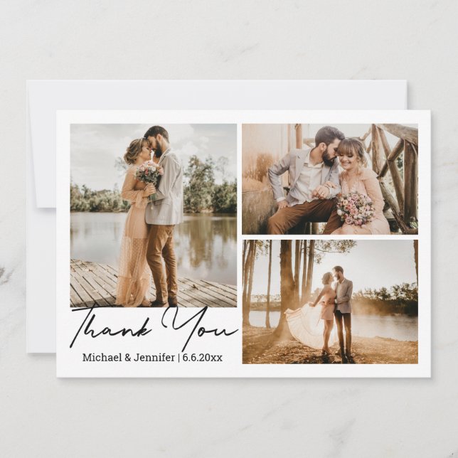 modern simple calligraphy wedding 3 photos collage card (Front)