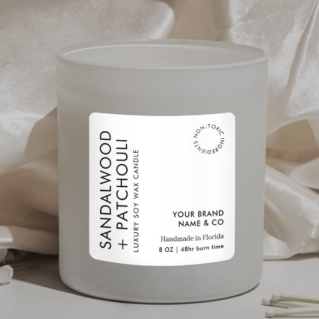 Modern Simple Candle Packaging Black White Product Square Sticker (Simple, yet elegant, candles label with fully editable text & colors)