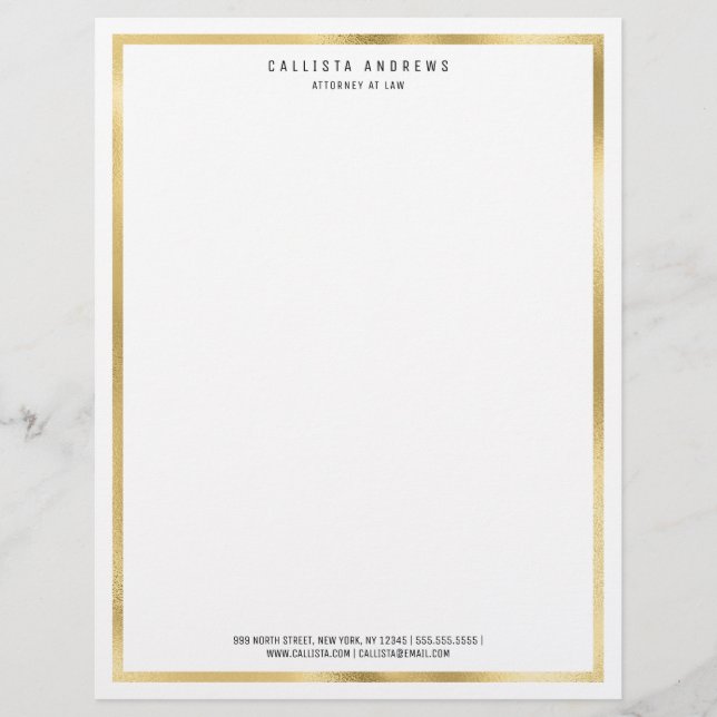 Modern Simple Chic Gold White Border Lawyer Custom Letterhead (Front)