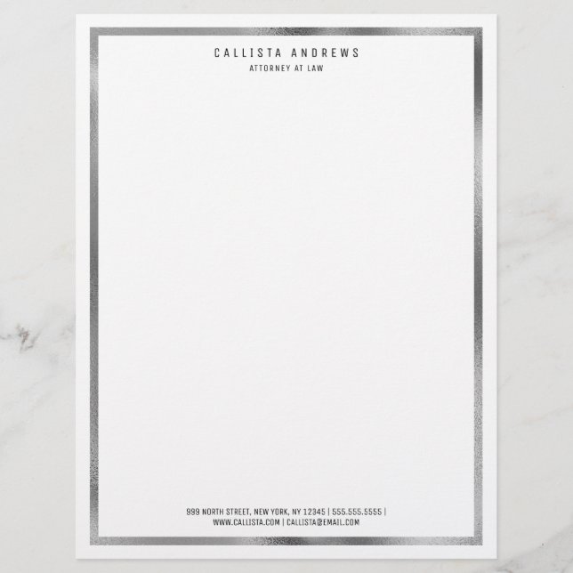 Modern Simple Chic Silver White Border Lawyer Custom Letterhead (Front)