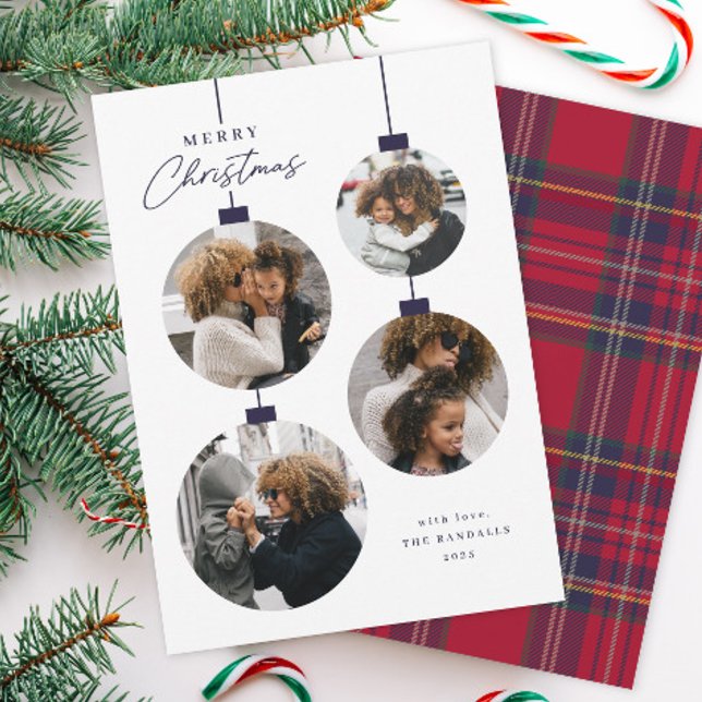 Modern Simple Christmas Ornament 4 Photo Holiday Card (Modern 4 Photo Christmas Treen Ornament Holiday Cards.)