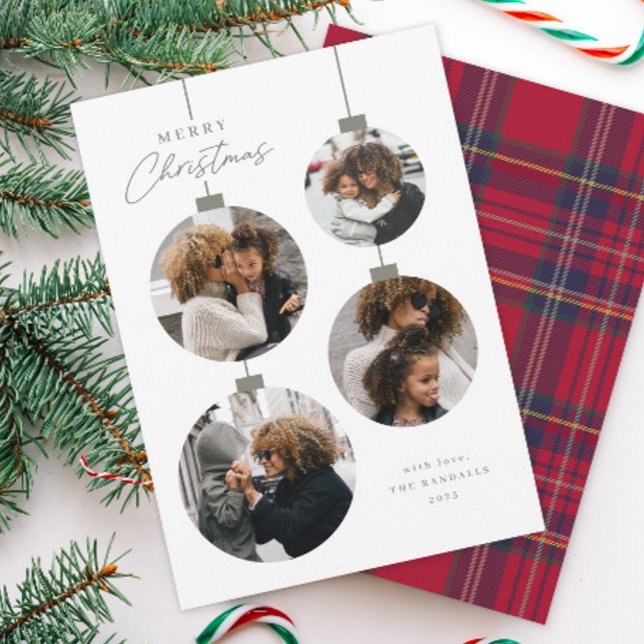 Modern Simple Christmas Ornament 4 Photo Holiday Card (Modern Sage Green 4 Photo Collage Ornament Christmas Cards.)