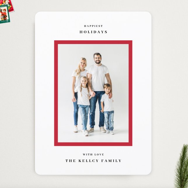 Modern Simple Christmas Red Frame Photo Happiest Holiday Card (Creator Uploaded)