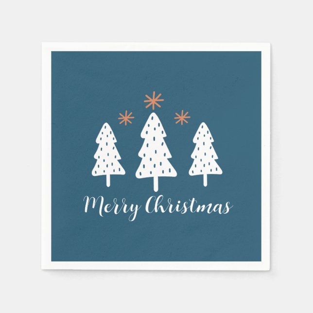 Modern Simple Christmas Trees and Stars Blue Napkin (Front)