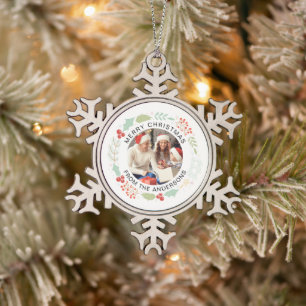 Modern Simple Christmas Wreath Family Photo Snowflake Pewter Christmas Ornament