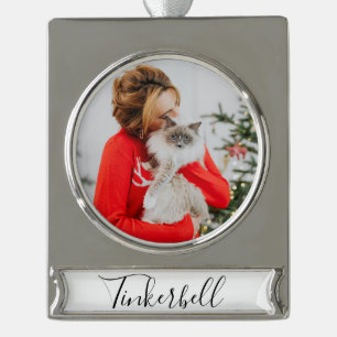 Modern Simple Classic at Name and Pet Photo  Silver Plated Banner Ornament