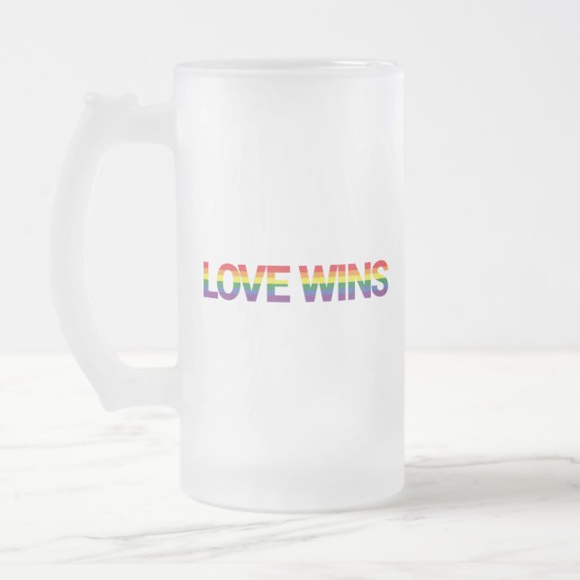 Modern, simple, colourful, vibrant design Love Win Frosted Glass Beer Mug (Left)